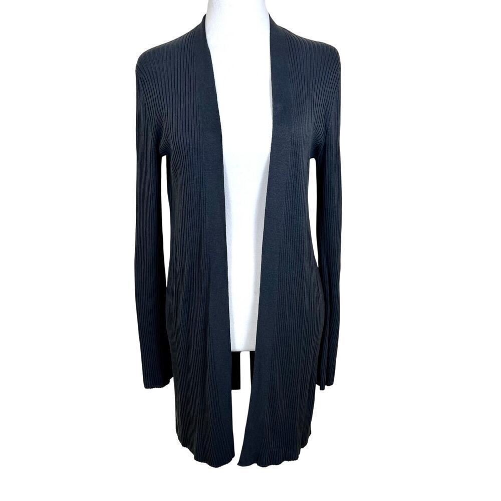 Eileen Fisher Charcoal Grey Ribbed Open Front Cardigan Small 100% Tencel EUC